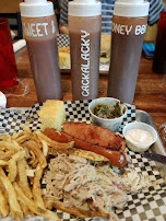 Combo Platter with Pulled Pork and Andouilly Sausage and Collard Greens
