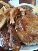 Pork Chops Home Cut French Fries BBQ Baked Beans Cornbread and Side of Sausage Link
